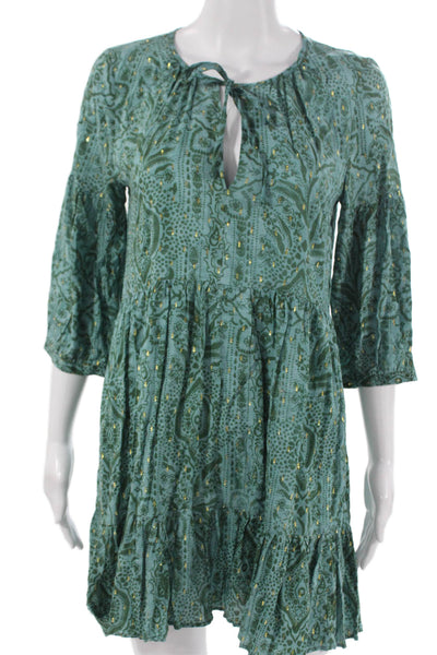 Zara Women Trapeze Swing Dress Green V Neck Paisley 3/4 Sleeve Short Size XS
