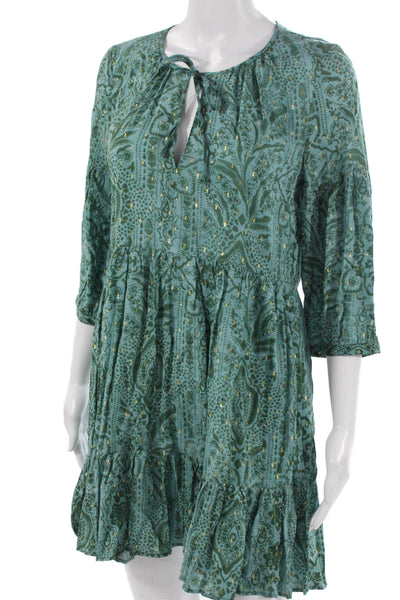 Zara Women Trapeze Swing Dress Green V Neck Paisley 3/4 Sleeve Short Size XS