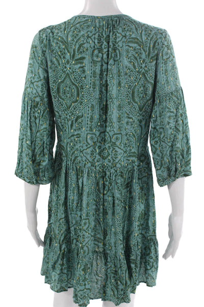 Zara Women Trapeze Swing Dress Green V Neck Paisley 3/4 Sleeve Short Size XS