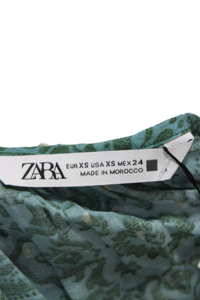 Zara Women Trapeze Swing Dress Green V Neck Paisley 3/4 Sleeve Short Size XS