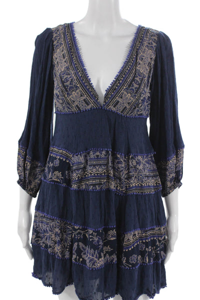 Free People Womens Trapeze Swing Floral V-Neck 3/4 Sleeve Dress Size XS