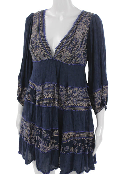 Free People Womens Trapeze Swing Floral V-Neck 3/4 Sleeve Dress Size XS
