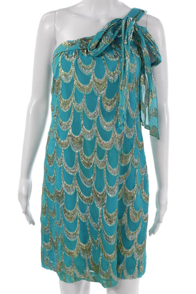 Trina Turk Womens Shift Dress Blue Geometric One Shoulder Zip Short Size 2