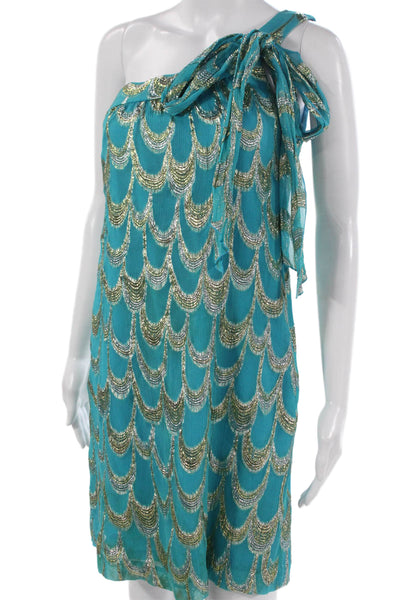 Trina Turk Womens Shift Dress Blue Geometric One Shoulder Zip Short Size 2