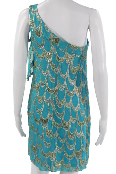 Trina Turk Womens Shift Dress Blue Geometric One Shoulder Zip Short Size 2