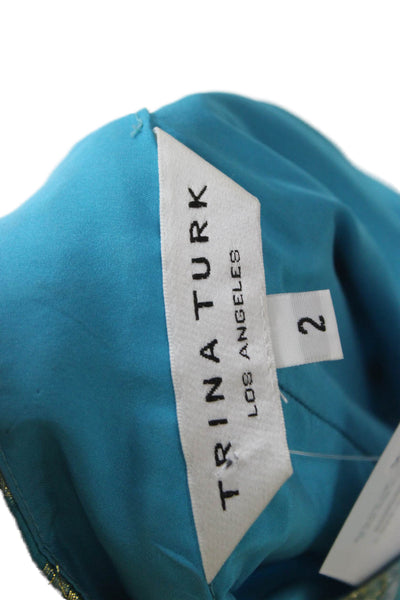 Trina Turk Womens Shift Dress Blue Geometric One Shoulder Zip Short Size 2