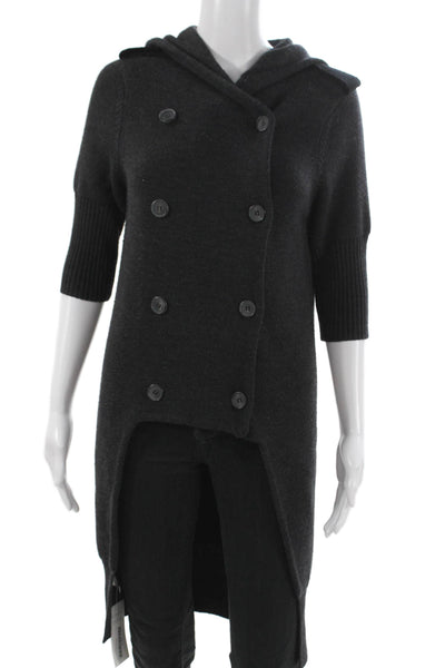 Vera Wang Women Cardigan Sweater Hooded Merino Wool Gray 3/4 Sleeve Size M