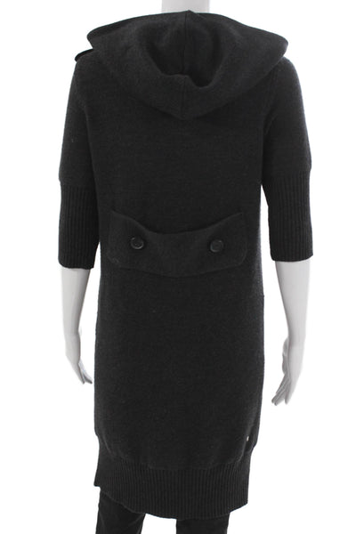 Vera Wang Women Cardigan Sweater Hooded Merino Wool Gray 3/4 Sleeve Size M