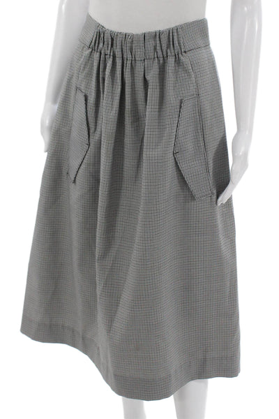 Tibi Womens A-Line Midi Skirt Black Checked Cotton Zip Size 6