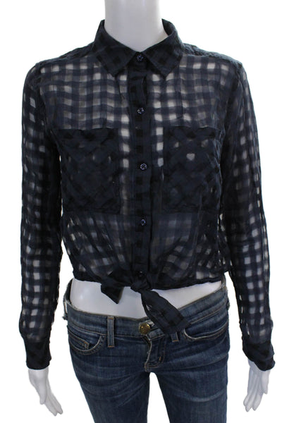 Rails Women Cropped Button-Up Blue Check Cotton Long Sleeve Size XS