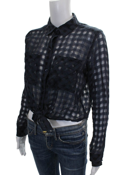 Rails Women Cropped Button-Up Blue Check Cotton Long Sleeve Size XS