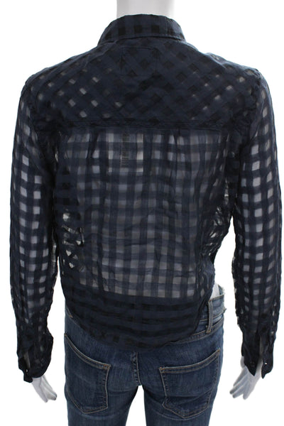 Rails Women Cropped Button-Up Blue Check Cotton Long Sleeve Size XS