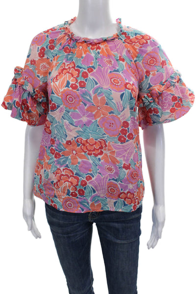 Banjanan Womens Basic Floral Cotton Round Neck Short Sleeve Blouse Size XS