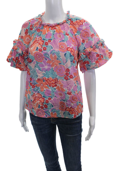 Banjanan Womens Basic Floral Cotton Round Neck Short Sleeve Blouse Size XS