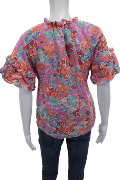 Banjanan Womens Basic Floral Cotton Round Neck Short Sleeve Blouse Size XS