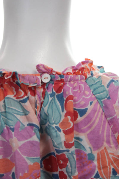 Banjanan Womens Basic Floral Cotton Round Neck Short Sleeve Blouse Size XS