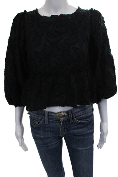 Free People Womens Cropped Black Lyocell Blouse 3/4 Sleeve Round Neck Size S