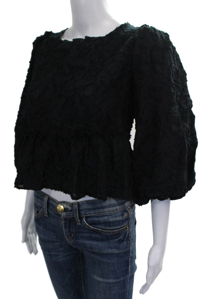 Free People Womens Cropped Black Lyocell Blouse 3/4 Sleeve Round Neck Size S