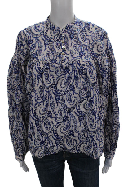 Zara Women Basic Blouse Blue Cotton Paisley Henley Button Long Sleeve Size L