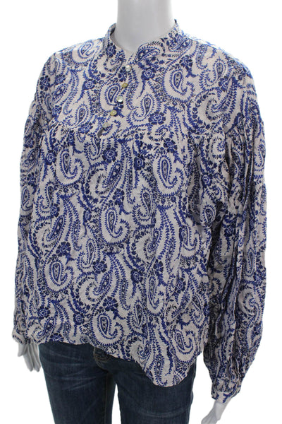 Zara Women Basic Blouse Blue Cotton Paisley Henley Button Long Sleeve Size L