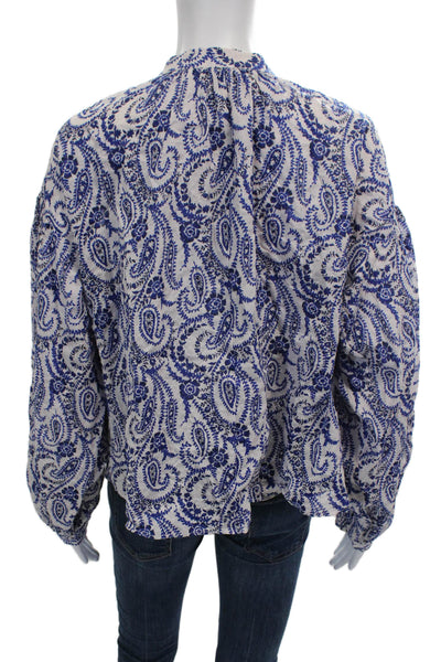 Zara Women Basic Blouse Blue Cotton Paisley Henley Button Long Sleeve Size L