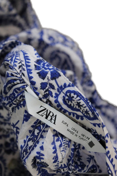 Zara Women Basic Blouse Blue Cotton Paisley Henley Button Long Sleeve Size L