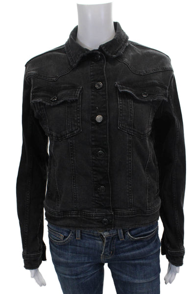 Zara Womens Basic Jacket Black Denim Button Long Sleeve Fall Size S
