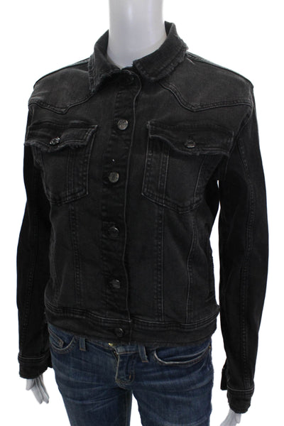 Zara Womens Basic Jacket Black Denim Button Long Sleeve Fall Size S