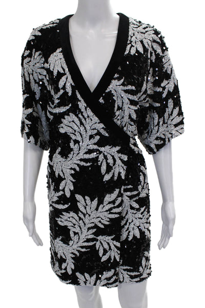 Jay Godfrey Women Wrap Dress Black Floral V Neck Tie Waist Half Sleeve Size 8