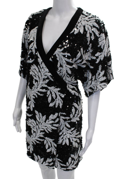 Jay Godfrey Women Wrap Dress Black Floral V Neck Tie Waist Half Sleeve Size 8