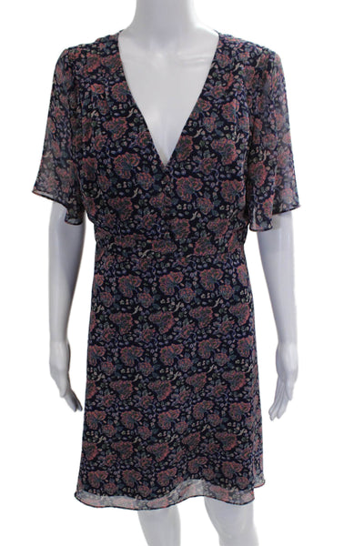 Madewell Women Blue Floral Wrap Dress V-Neck Short Sleeve Knee Length Size 8