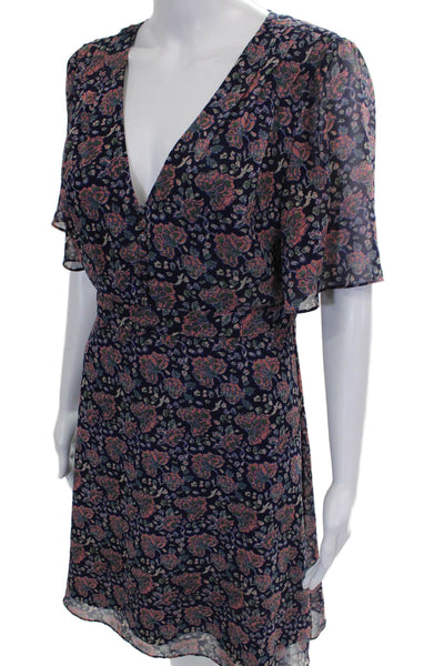 Madewell Women Blue Floral Wrap Dress V-Neck Short Sleeve Knee Length Size 8