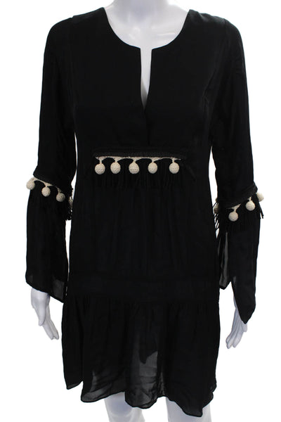 VMT Womens Shift Dress Black Silk V-Neck Long Sleeve Short Size XS