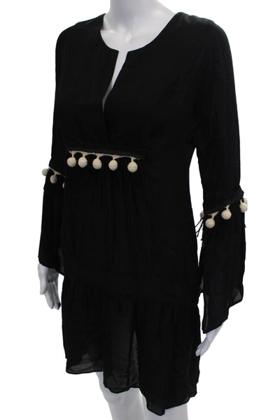 VMT Womens Shift Dress Black Silk V-Neck Long Sleeve Short Size XS