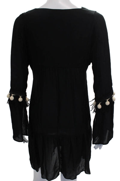 VMT Womens Shift Dress Black Silk V-Neck Long Sleeve Short Size XS