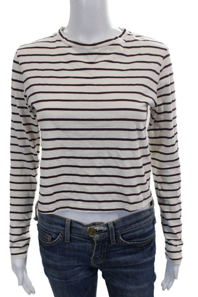Amo Womens White Cotton Striped Crew Neck Long Sleeve Basic T-Shirt Size XS