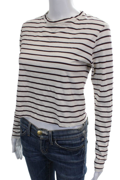 Amo Womens White Cotton Striped Crew Neck Long Sleeve Basic T-Shirt Size XS