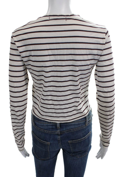 Amo Womens White Cotton Striped Crew Neck Long Sleeve Basic T-Shirt Size XS