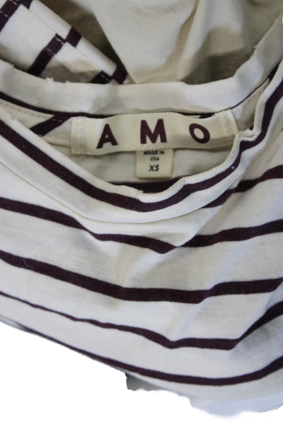 Amo Womens White Cotton Striped Crew Neck Long Sleeve Basic T-Shirt Size XS