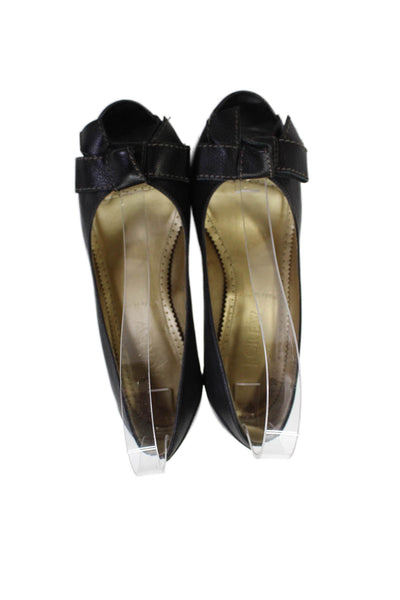J Crew Womens Leather Open Toe Bow Accent Heels Black Size 5.5