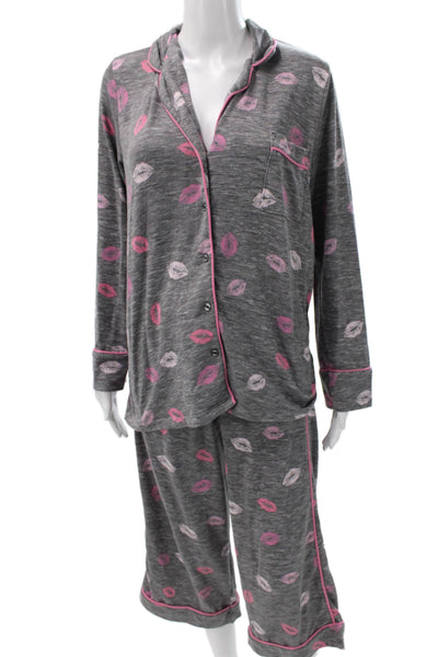 Splendid Womens Geometric Collared Long Sleeve Pajama Set Gray Size M