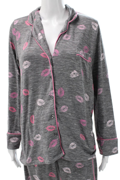 Splendid Womens Geometric Collared Long Sleeve Pajama Set Gray Size M