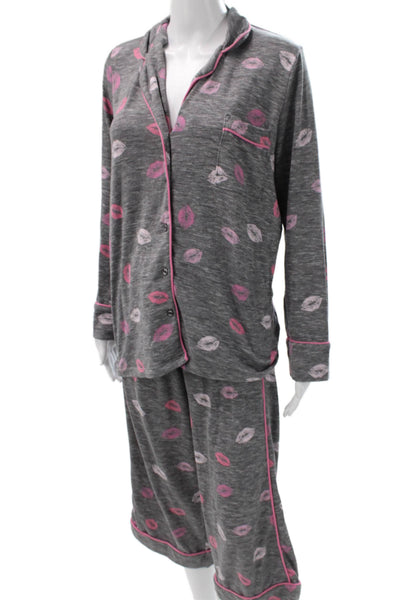 Splendid Womens Geometric Collared Long Sleeve Pajama Set Gray Size M