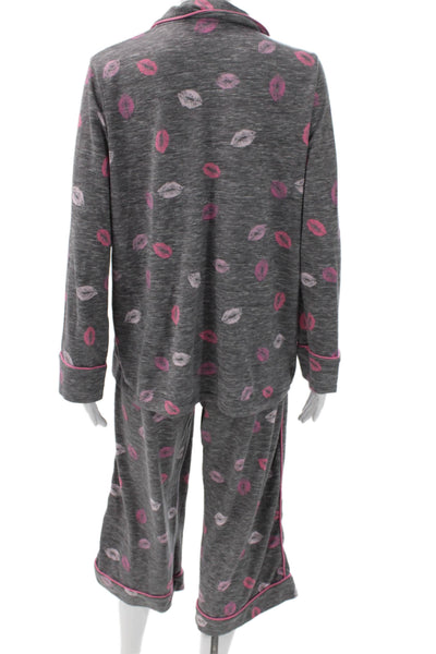 Splendid Womens Geometric Collared Long Sleeve Pajama Set Gray Size M