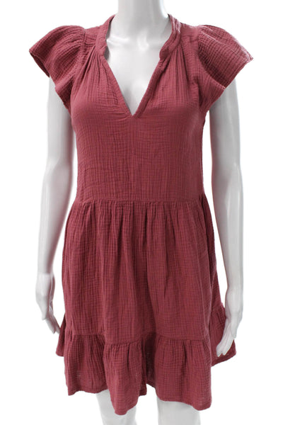 Nation LTD Women Trapeze Swing Dress Red V-Neck Short Sleeve Cotton Size S