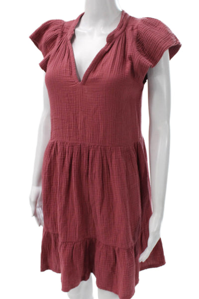 Nation LTD Women Trapeze Swing Dress Red V-Neck Short Sleeve Cotton Size S