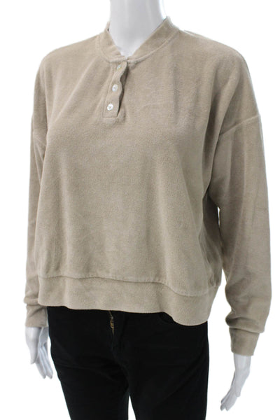 Donni Womens Henley Sweatshirt Beige Cotton Long Sleeve Button Size S