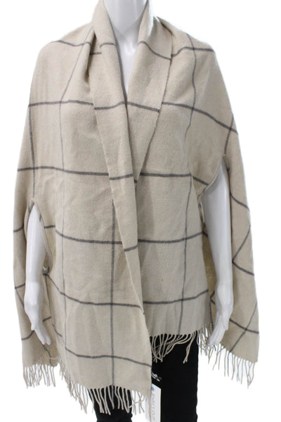 Madewell Women Beige Wool Check Cape V Neck Sleeveless Shawl Wrap Size One Size