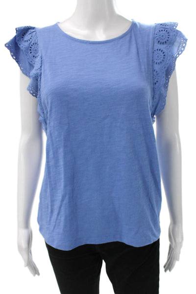 Boden Women Basic T-Shirt Blue Cotton Round Neck Cap Sleeve Size S