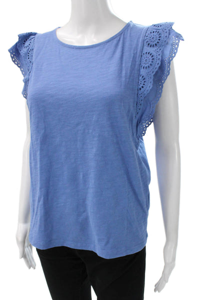 Boden Women Basic T-Shirt Blue Cotton Round Neck Cap Sleeve Size S